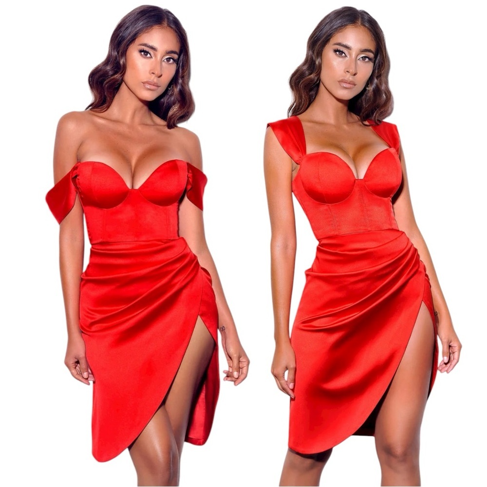 Miss Circle Size M Red Satin Hedy Corset Sweetheart Draped Mini Dress Cocktail